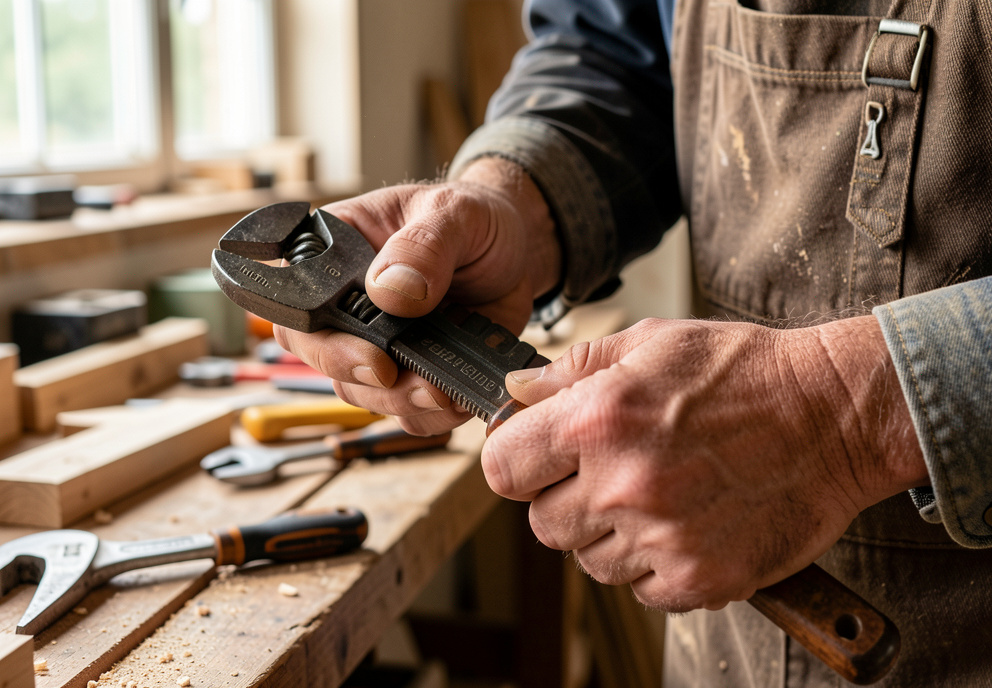 Werkzeuge und Hände eines Handwerkers – Symbol für Qualität und Leidenschaft